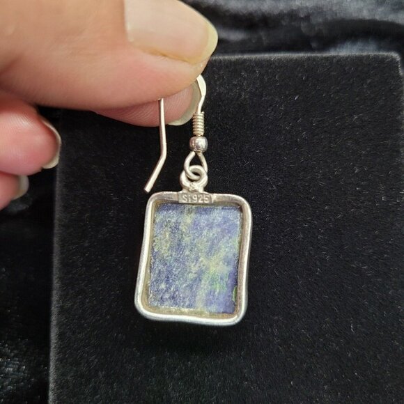 Vintage SI 925 Silver & Sodalite Drop Earrings Rectangular Estate Hook Earwires - Picture 4 of 10